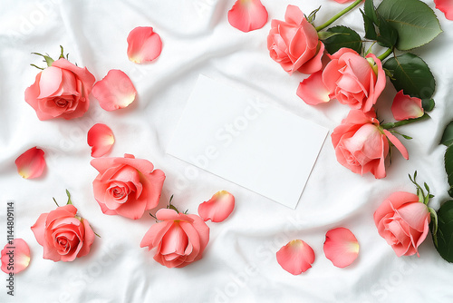 Fresh pink roses arranged on soft white fabric with scattered petals and blank card, creating romantic and elegant atmosphere perfect for special occasions