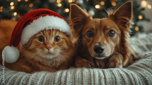 Twocat and one dog in santa hat with christmas tree on background, ai generative photo