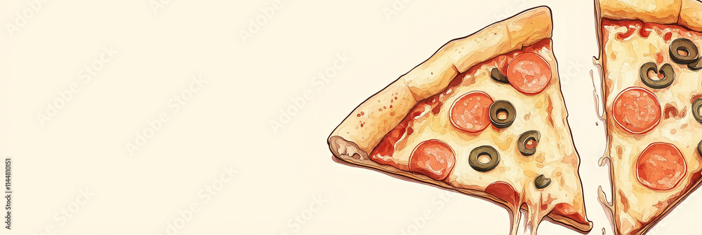 A delicious slice of pizza with melted cheese, pepperoni, and black olives is artfully presented, enticing viewers with its appetizing golden crust and toppings.