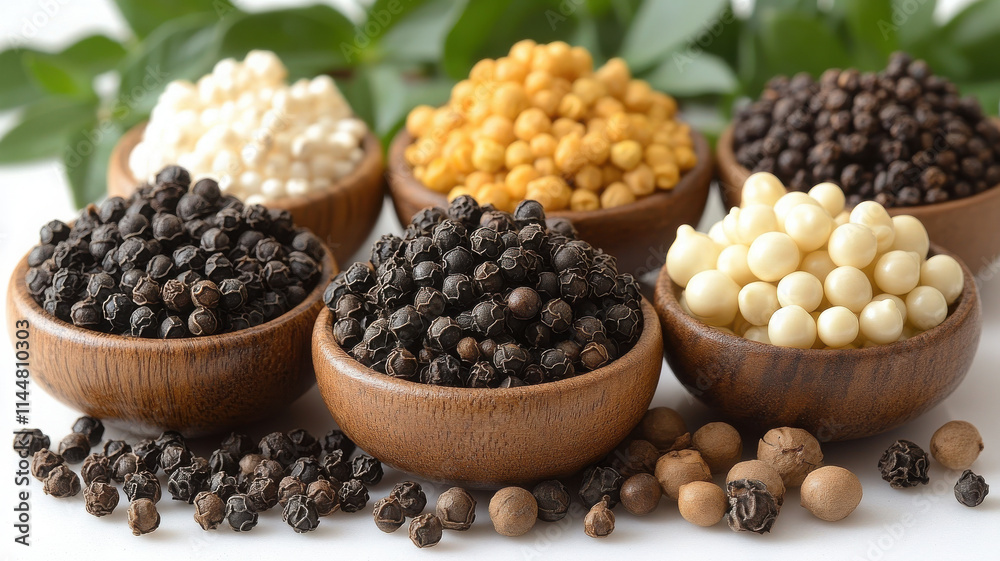 vibrant display of various peppercorns wooden bowls, showcasing black, white, green, and yellow varieties. This colorful arrangement highlights diversity of spices, perfect for culinary vibrant display of various peppercorns wooden bowls, showcasing black, white, green, and yellow varieties. This colorful arrangement highlights diversity of spices, perfect for culinary