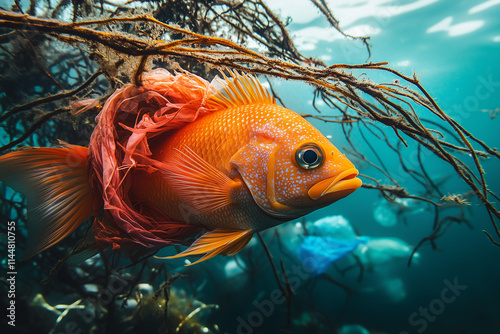 underwater shot showing marine life entangled in plastic waste, contrasting vibrant fish with the dullness of pollution, emphasizing the issue of ocean contamination photo