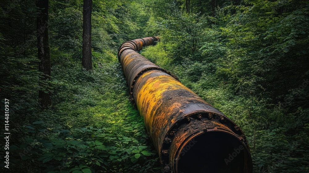 Rusted pipe cuts through a dense forest, intertwining with nature. The contrast of the rusted pipe against the lush greenery creates a unique visual story. Photo style with ample copy space. Rusted pipe cuts through a dense forest, intertwining with nature. The contrast of the rusted pipe against the lush greenery creates a unique visual story. Photo style with ample copy space.