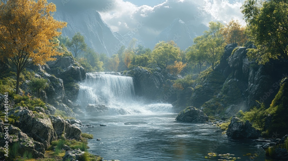 Fototapeta premium River side rock wilderness landscape.