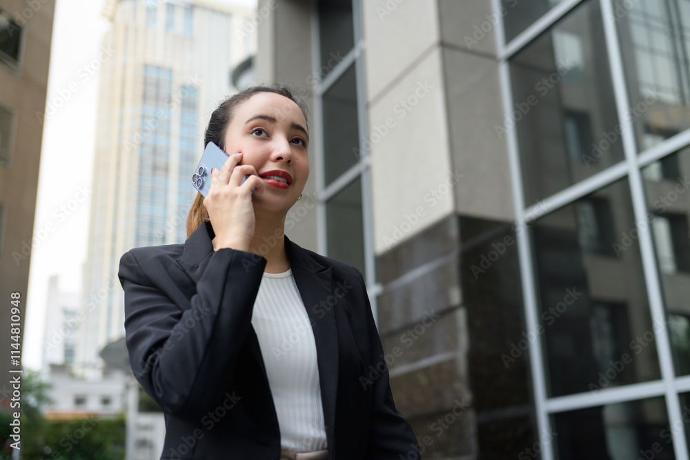 Young businesswoman is making a phone call while walking outside a modern office building, confidently engaging in business communication Young businesswoman is making a phone call while walking outside a modern office building, confidently engaging in business communication