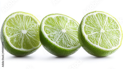 Fresh lime slices arranged in row, showcasing vibrant green color and juicy texture, perfect for culinary use or beverage decoration