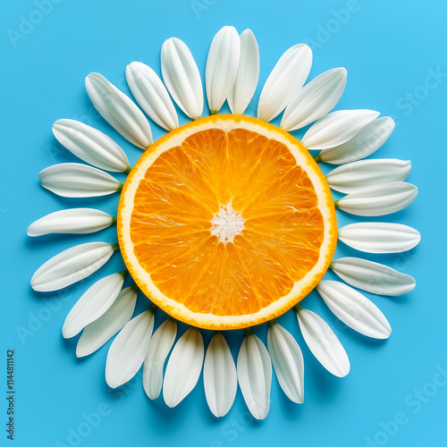 Organic healthy living vitamin concept, support , relaxation, and summer sun symbol. Surreal orange fruit slice and daisy petals on a blue background.  photo