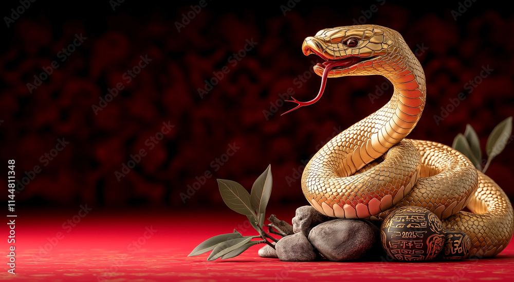 golden snake coiled on rocks with leaves, set against vibrant red background, symbolizes strength and elegance. This striking image captures essence of nature beauty golden snake coiled on rocks with leaves, set against vibrant red background, symbolizes strength and elegance. This striking image captures essence of nature beauty