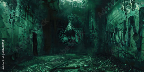 Decaying Room with Weathered Face and Graffiti