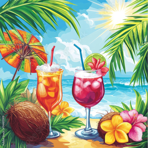 Tropical Beach Cocktails: Two refreshing cocktails on a sunny beach with palm trees, coconuts, and tropical flowers. Perfect for summer vacation themes.
