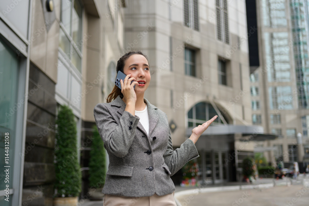 Young businesswoman is standing outdoors in front of an office building, talking on her mobile phone and gesturing with her hand as if explaining something Young businesswoman is standing outdoors in front of an office building, talking on her mobile phone and gesturing with her hand as if explaining something