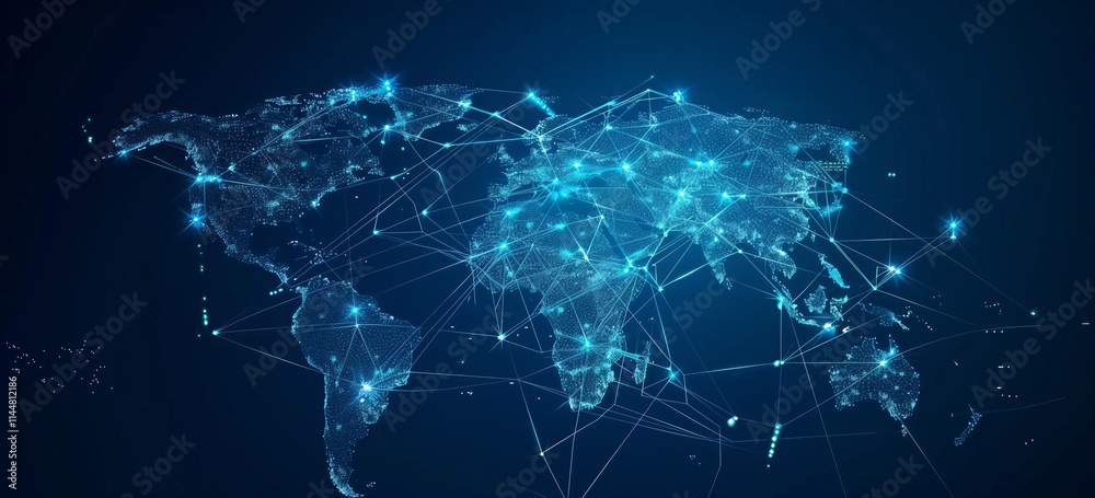 Global Network Connection: Abstract world map illustration with glowing blue nodes and lines, symbolizing global connectivity, network infrastructure, and digital communication. Global Network Connection: Abstract world map illustration with glowing blue nodes and lines, symbolizing global connectivity, network infrastructure, and digital communication.