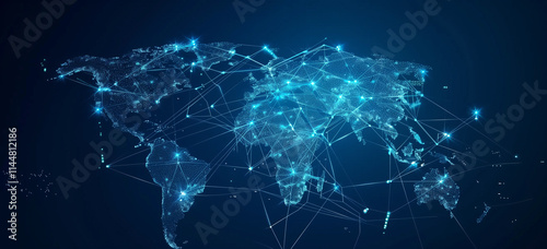 Global Network Connection: Abstract world map illustration with glowing blue nodes and lines, symbolizing global connectivity, network infrastructure, and digital communication.  