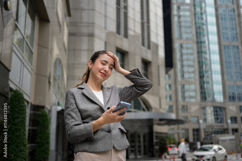 Young businesswoman standing in front of office buildings is reading upsetting news on her phone and touching her forehead with closed eyes Young businesswoman standing in front of office buildings is reading upsetting news on her phone and touching her forehead with closed eyes