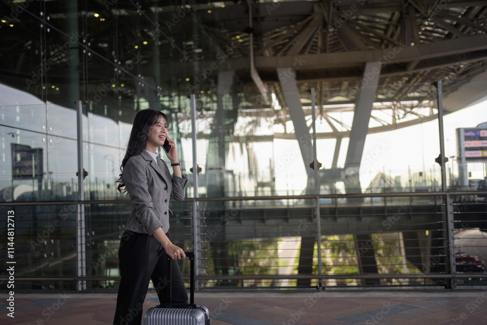 Fototapeta premium Asian businesswoman walking through the airport, talking on her mobile phone while pulling a trolley bag, preparing for an important business trip with a focused demeanor