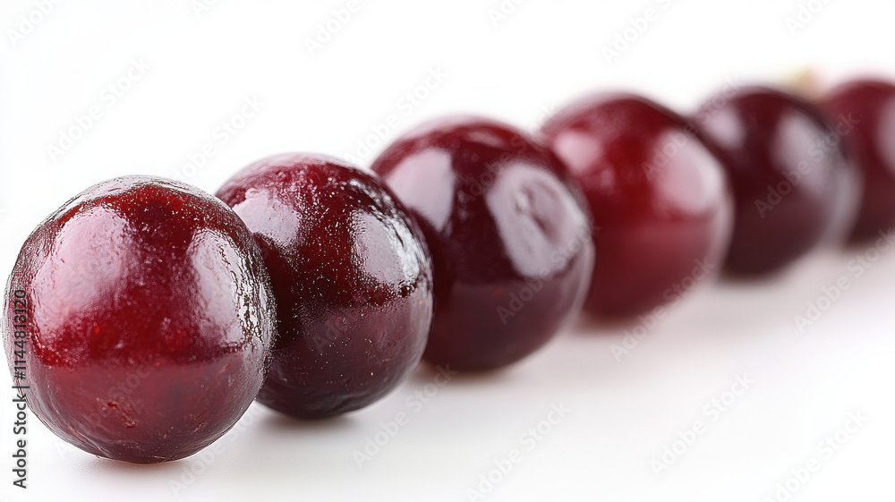 Fresh, shiny red grapes arranged in line on white background, showcasing their smooth texture and vibrant color. Perfect for healthy snacking or culinary use Fresh, shiny red grapes arranged in line on white background, showcasing their smooth texture and vibrant color. Perfect for healthy snacking or culinary use