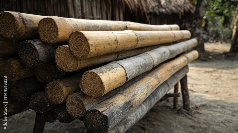 Bamboo poles are ideal for constructing hut walls, providing natural strength and durability. The image captures old bamboo poles, emphasizing their texture and potential use. Bamboo poles are ideal for constructing hut walls, providing natural strength and durability. The image captures old bamboo poles, emphasizing their texture and potential use.