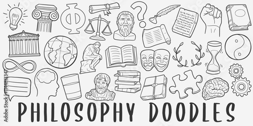 Philosophy Doodle Icons Black and White Line Art. Knowledge Clipart Hand Drawn Symbol Design.