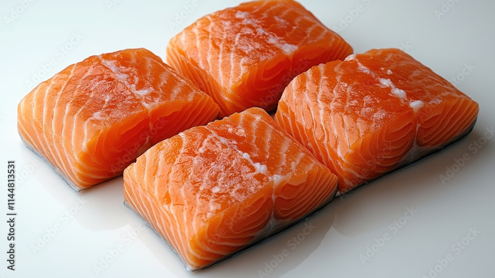 Fresh salmon fillets arranged neatly on white background, showcasing their vibrant orange color and rich texture. Perfect for culinary presentations or seafood dishes Fresh salmon fillets arranged neatly on white background, showcasing their vibrant orange color and rich texture. Perfect for culinary presentations or seafood dishes