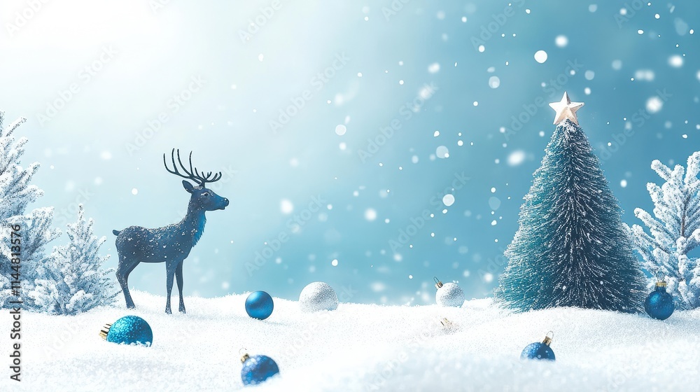Serene Winter Holiday Art with Reindeer Christmas Tree and Baubles in Navy Blue on Sky Blue Background. Serene Winter Holiday Art with Reindeer Christmas Tree and Baubles in Navy Blue on Sky Blue Background.