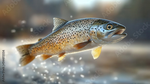 vibrant salmon fish leaping through air, showcasing its shimmering scales and dynamic movement. background features soft blur, emphasizing fish beauty and energy