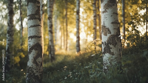 Lush birch trees create a serene atmosphere in a forest, highlighting the beauty of nature with ample copy space for text or designs. Capture the essence of birch trees in this stunning setting. photo