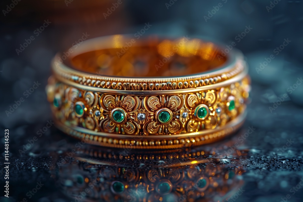 Stunning close-up of a gold bracelet adorned with intricate designs and sparkling gemstones on a dark surface.
