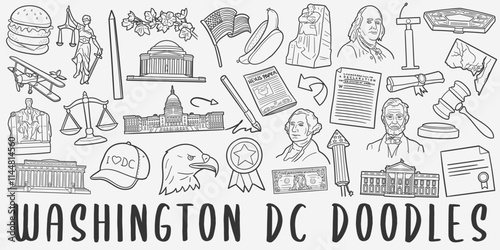 Washington DC Doodle Icons Black and White Line Art. United States Clipart Hand Drawn Symbol Design.