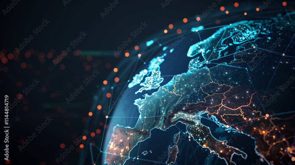 Obraz premium Global Network: Europe Illuminated. A mesmerizing digital rendering of Europe at night, glowing with interconnected nodes, symbolizing global connectivity and technological advancement. 