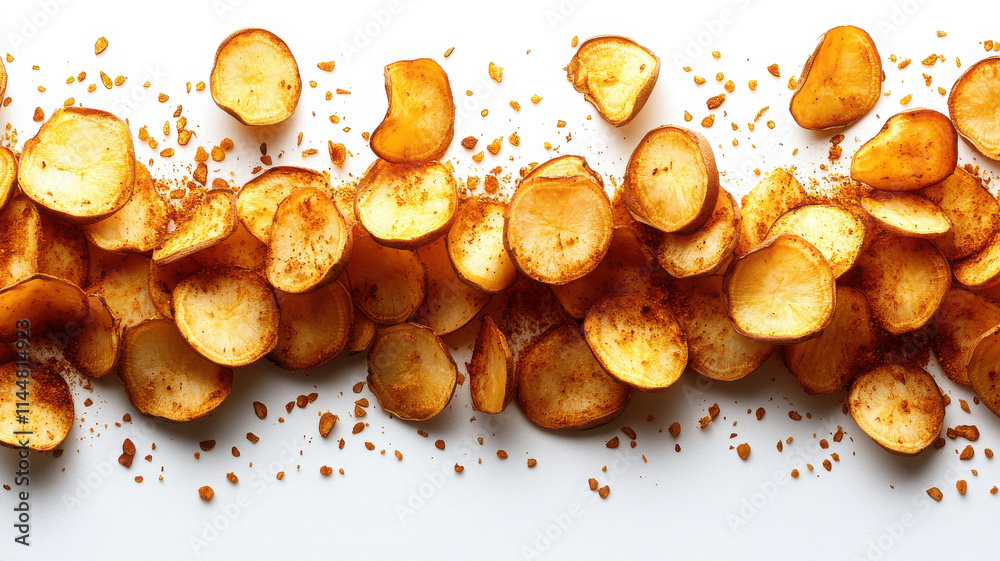 Crispy potato chips sprinkled with seasoning on white background, creating delicious and appetizing display. Perfect for snacking or party platters