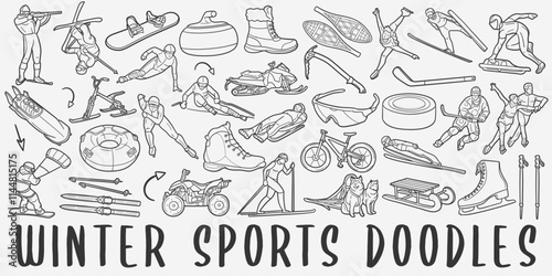 Winter Sports Doodle Icons Black and White Line Art. Wintry Season Clipart Hand Drawn Symbol Design.