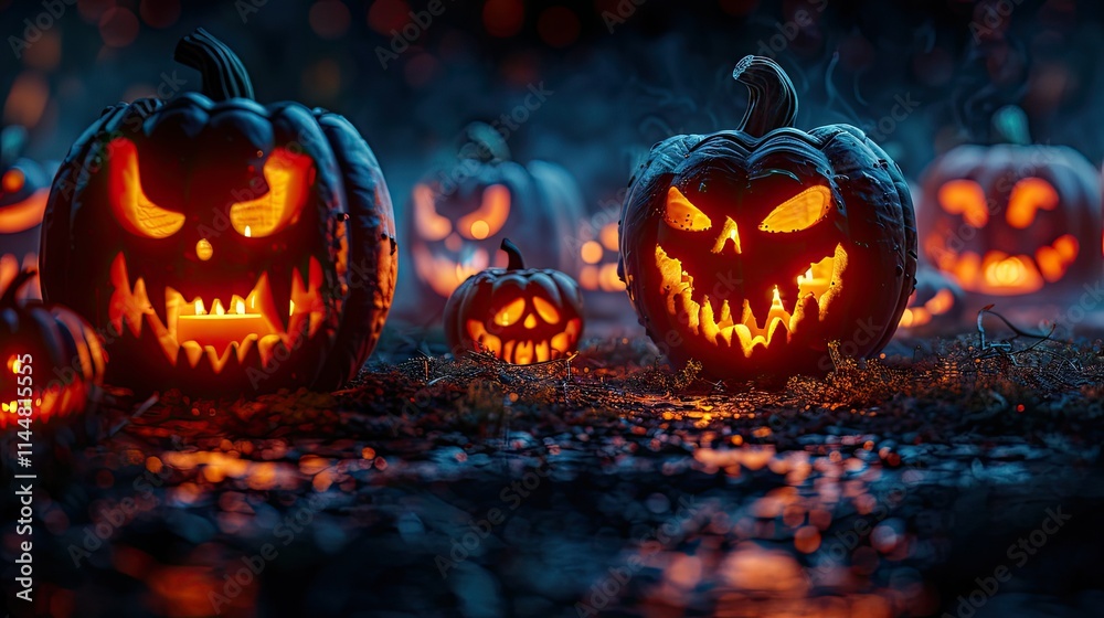 Spooky Halloween pumpkins glowing in the dark, creating a festive atmosphere. Spooky Halloween pumpkins glowing in the dark, creating a festive atmosphere.