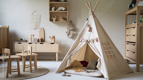 beige children's wigwam in the room on the floor Scandinavian style with decor baby living room