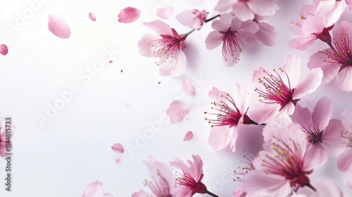 Cherry blossom sakura displayed against a white background, emphasizing the delicate beauty of the sakura flowers. Ideal for creating vibrant designs with copy space.