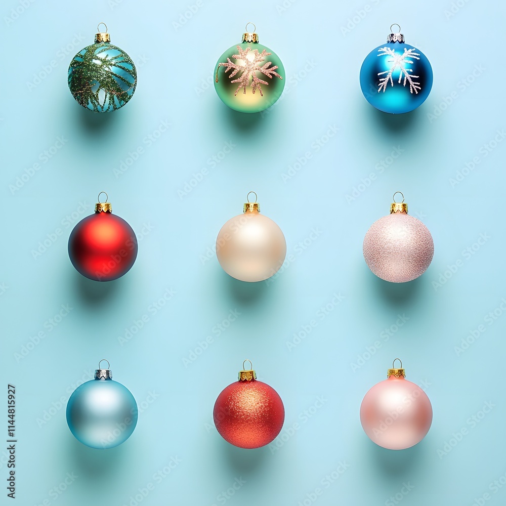 Set of Christmas balls isolated on pastel blue background. Set of Christmas balls isolated on pastel blue background.