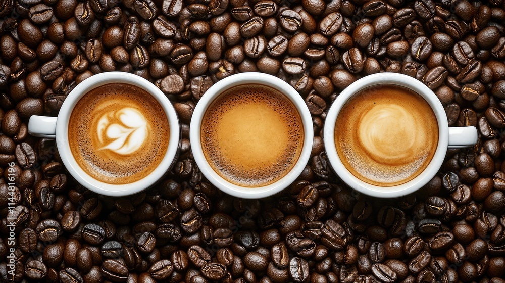 Fototapeta premium Three coffee cups filled with coffee, surrounded by coffee beans, presented in a flat lay style. The arrangement highlights the coffee cups and coffee beans, with ample copy space.
