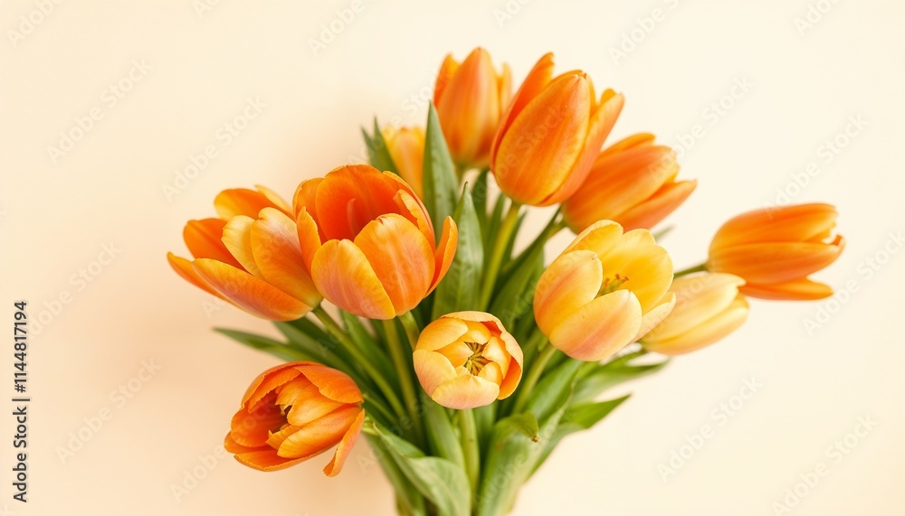 Vibrant bouquet of orange and yellow tulips on a soft pastel background, floral background, copy space, Women's Day, Mother's Day, Wedding, Valentine's Day, birthday, anniversary Vibrant bouquet of orange and yellow tulips on a soft pastel background, floral background, copy space, Women's Day, Mother's Day, Wedding, Valentine's Day, birthday, anniversary