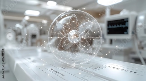 Highly detailed and scientific 3D diagram of a technetium atom providing a clear visualization of its electron and highlighting its applications in medical imaging such as SPECT and PET scans