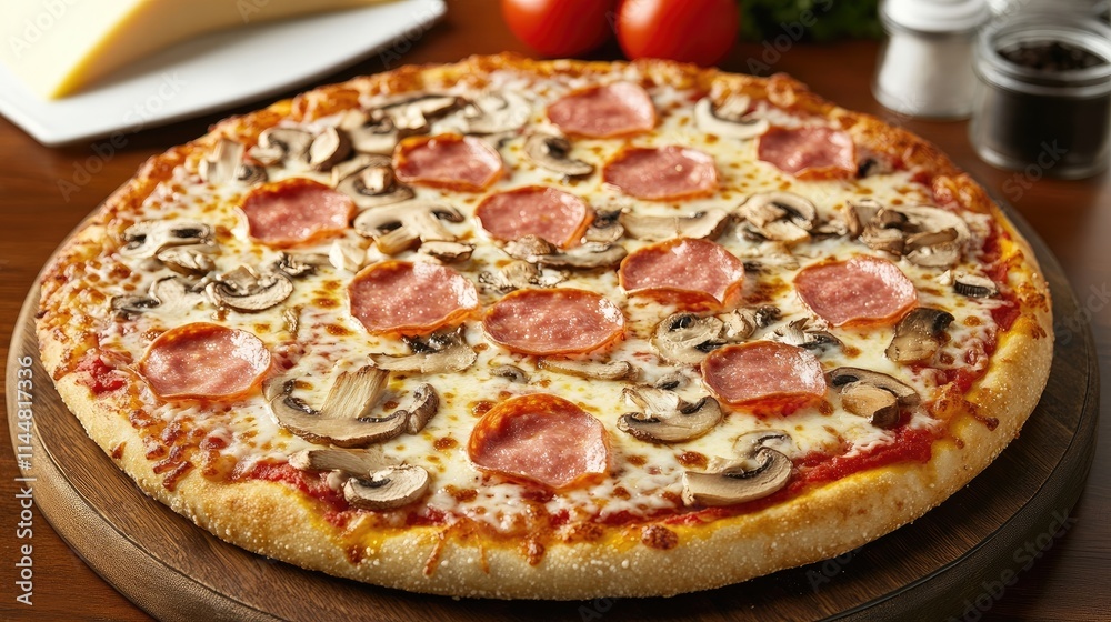 Gourmet pizza with four cheeses, ham, mushrooms, and tomato, perfectly arranged in a vibrant presentation. The gourmet pizza captures the essence of indulgence with ample copy space. Gourmet pizza with four cheeses, ham, mushrooms, and tomato, perfectly arranged in a vibrant presentation. The gourmet pizza captures the essence of indulgence with ample copy space.
