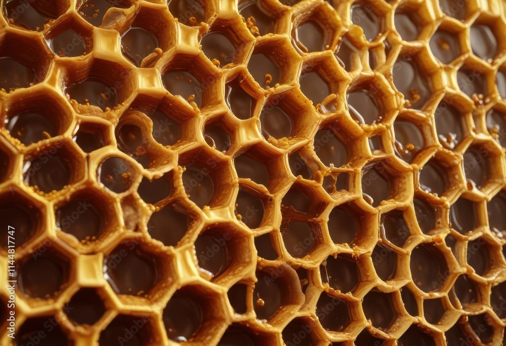 Close-up of honeycomb cells filled with golden honey drips from the edges, nature, insect habitat, liquid gold Close-up of honeycomb cells filled with golden honey drips from the edges, nature, insect habitat, liquid gold