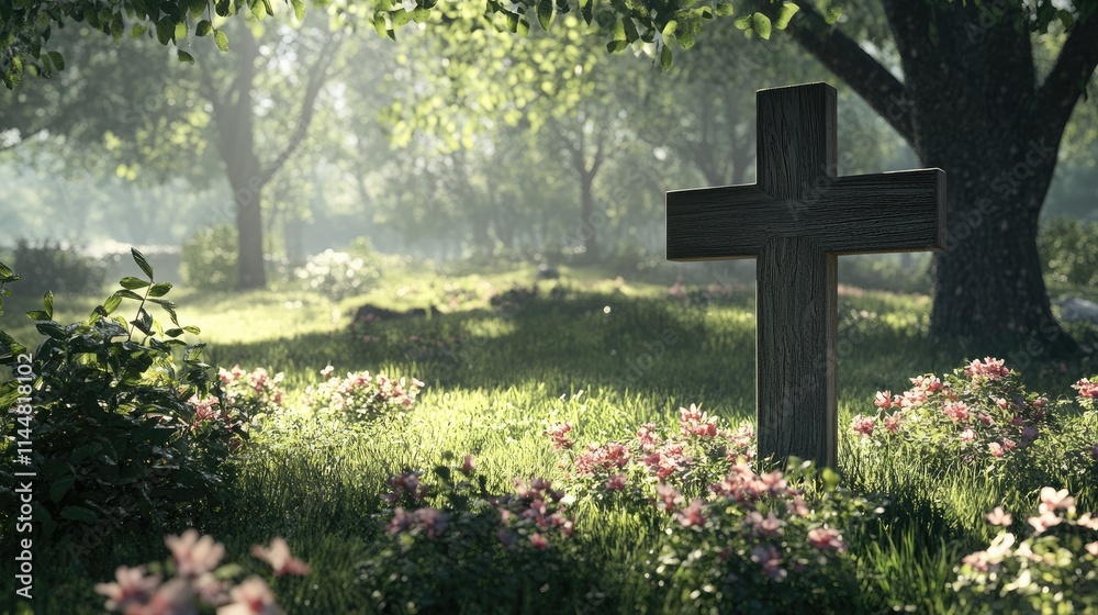 Tranquil burial site setting highlighted by a blank wooden cross, creating a serene atmosphere perfect for reflection. Ideal for designs requiring a peaceful burial site theme.