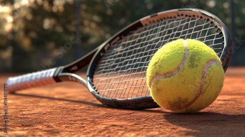 tennis ball next to racket on a dirt tennis court photo