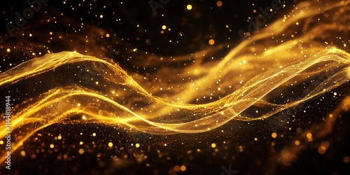 Shiny glowing flowing wave shape of bright golden particles isolated on black background