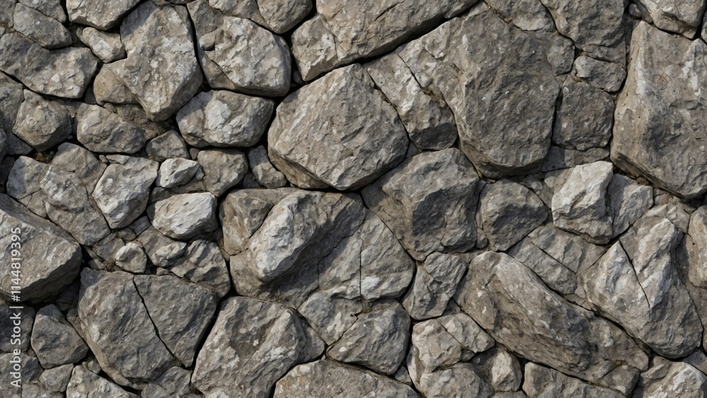 Detailed natural stone texture, rough surface, varying shades of gray and white, rugged and weathered look, small cracks and irregularities, photorealistic, seamless design, 4K resolution, perfect for
