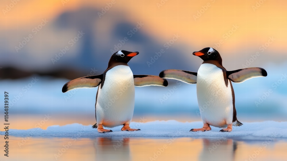 Fototapeta premium Two penguins stand on a glistening ice surface during a serene sunset, with warm tones of orange and pink reflecting in the icy waters surrounding them.