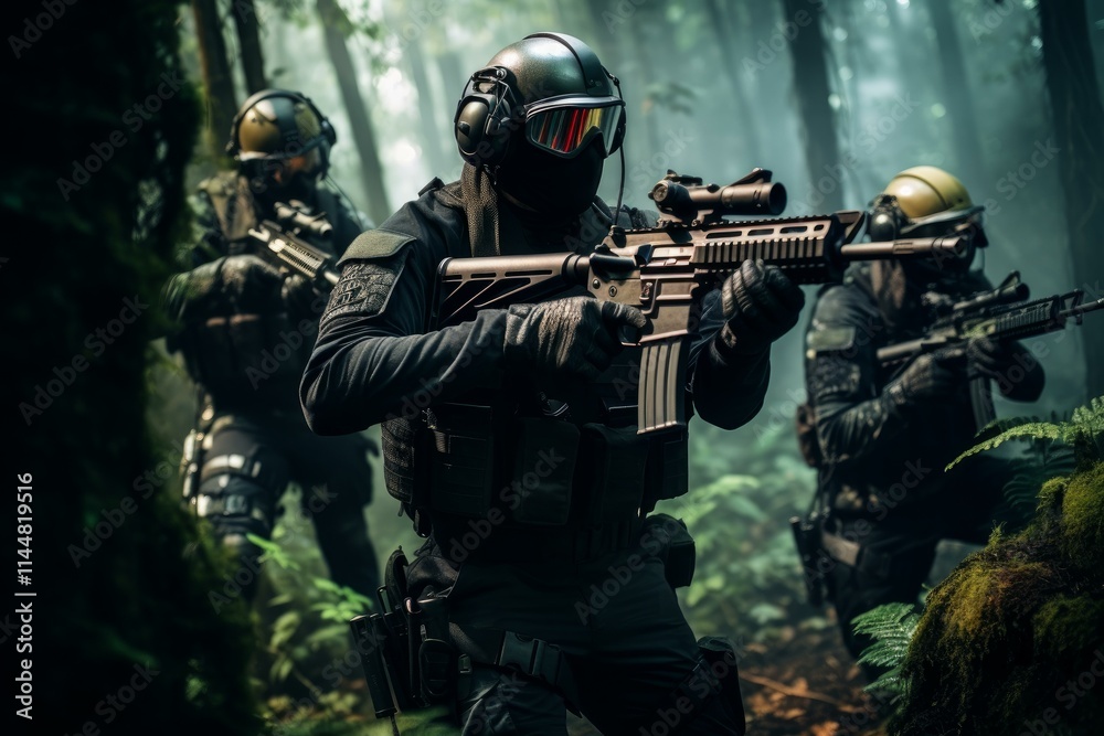 Elite squad of soldiers navigating through dense jungle terrain, armed and ready for combat Elite squad of soldiers navigating through dense jungle terrain, armed and ready for combat