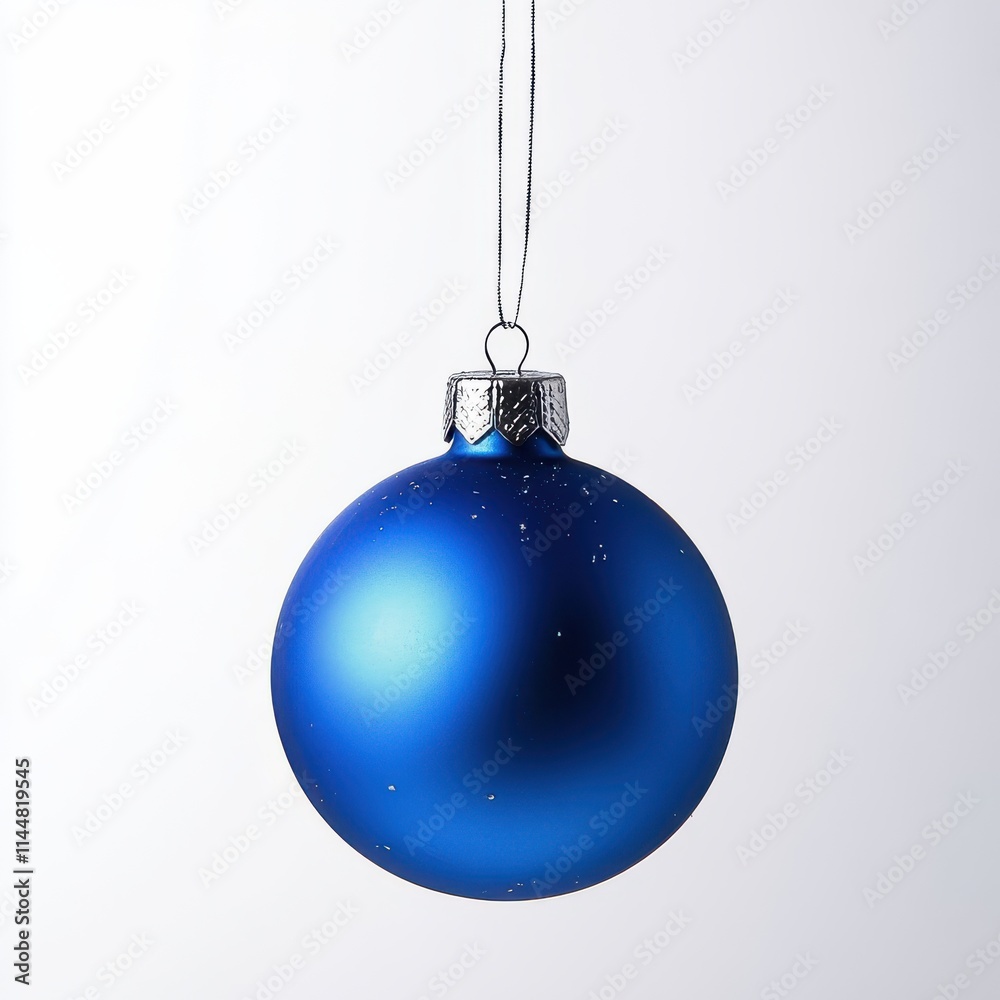 Blue Christmas ornament hangs on a thread, against an isolated white background Blue Christmas ornament hangs on a thread, against an isolated white background