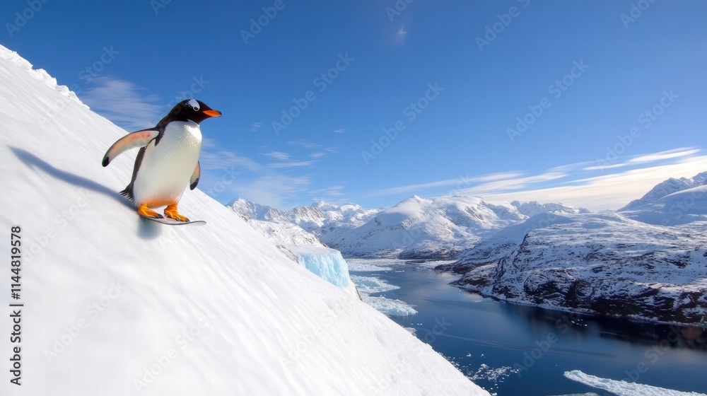Obraz premium A penguin gracefully slides down a snowy slope on a clear day, with stunning icy mountains and a serene body of water in the background, capturing nature's beauty.