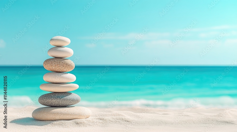 Fototapeta premium Calm pebbles arranged in a stack on a tranquil beach, complemented by a serene view of turquoise water in the backdrop. The pebbles create a peaceful atmosphere and ample photo space.
