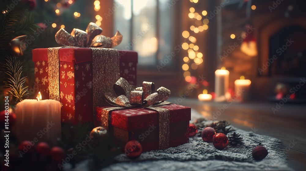 Christmas and New Year wrapping gifts by candlelight