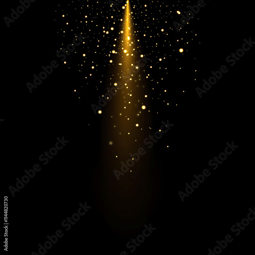 Golden soft sun beam with gold sparkles flying around, isolated on black background